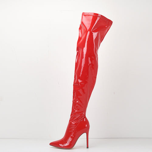 Large size super high heel stretch patent leather stovepipe over-the-knee boots